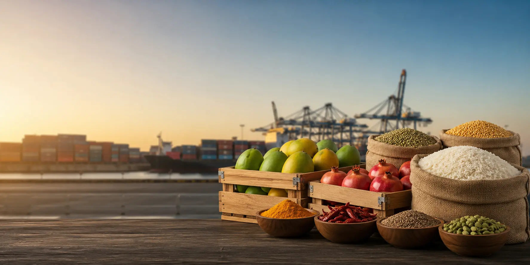 Rice, pulses, spices and fresh fruit prepared for international export